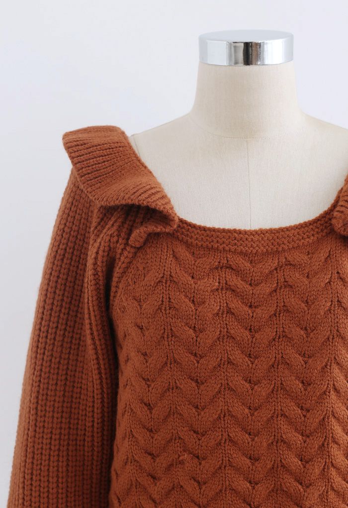 Square Neck Braid Ribbed Crop Sweater in Caramel
