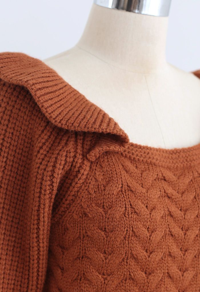 Square Neck Braid Ribbed Crop Sweater in Caramel