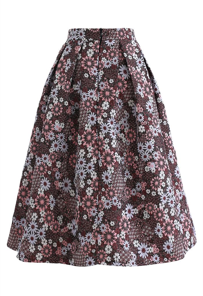 Blossom Cluster Embossed Pleated Midi Skirt in Red