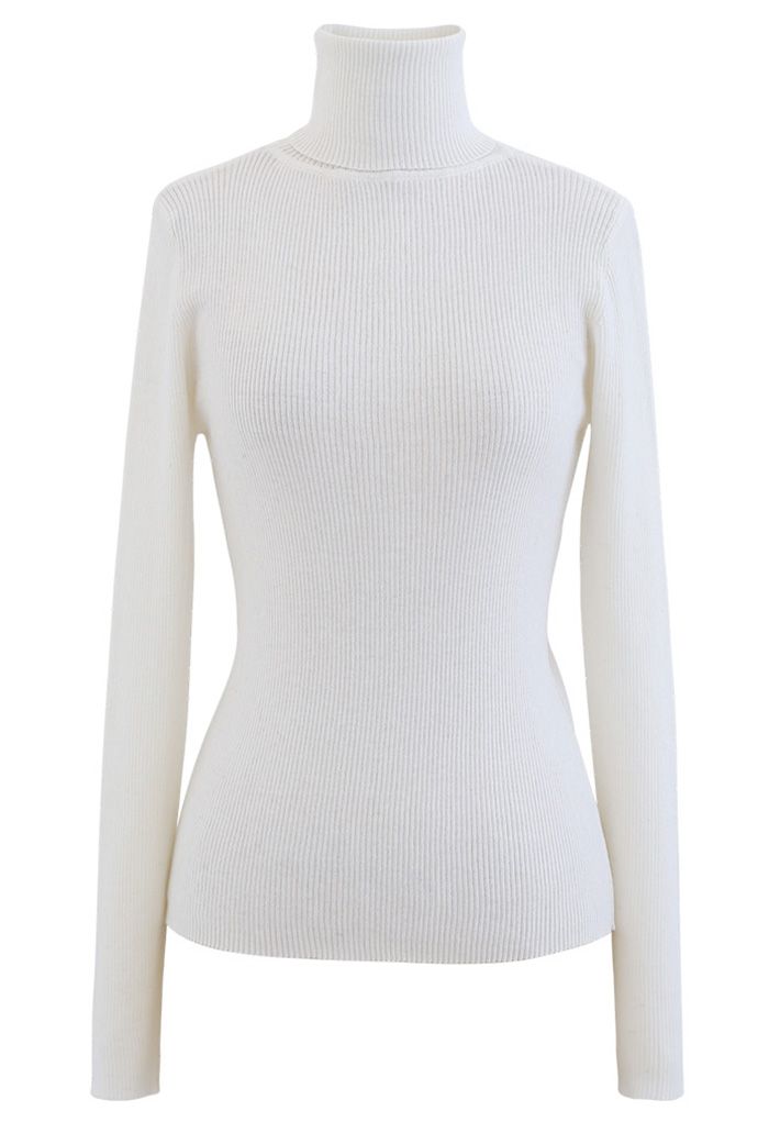Turtleneck Ribbed Fitted Knit Top in White