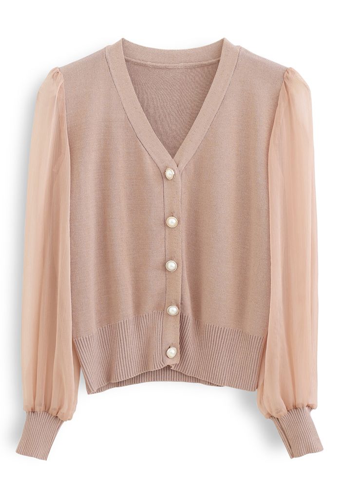 Button Down V-Neck Sheer Sleeves Knit Top in Dusty Pink