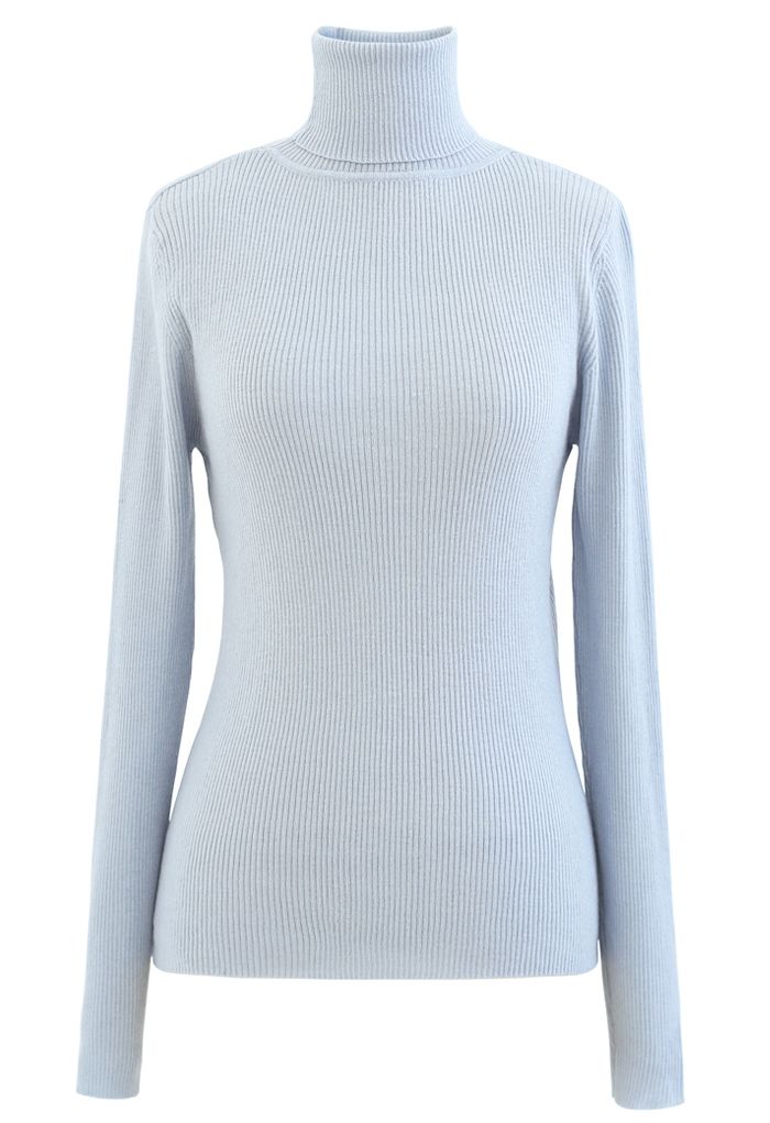 Turtleneck Ribbed Fitted Knit Top in Baby Blue