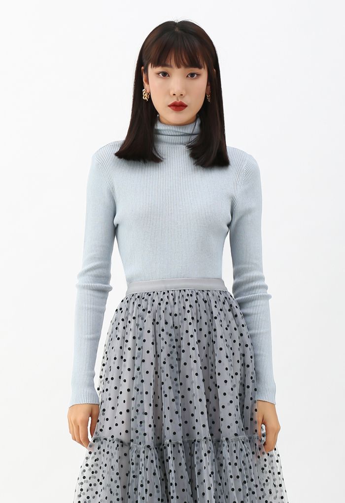 Turtleneck Ribbed Fitted Knit Top in Baby Blue