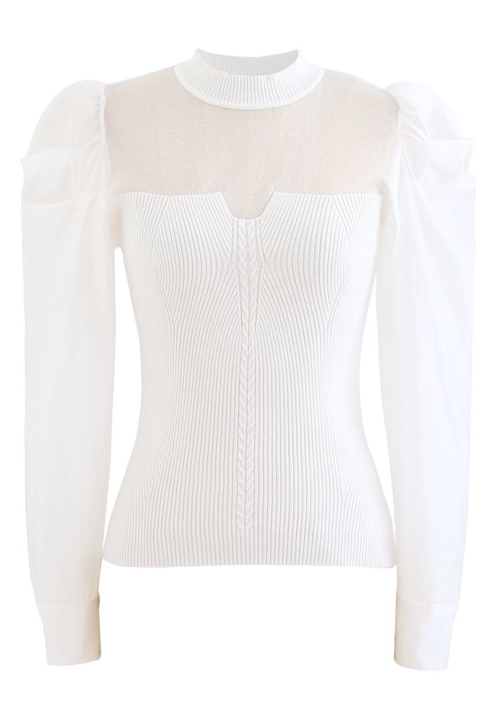 Organza Spliced Puff Sleeves Knit Top in White