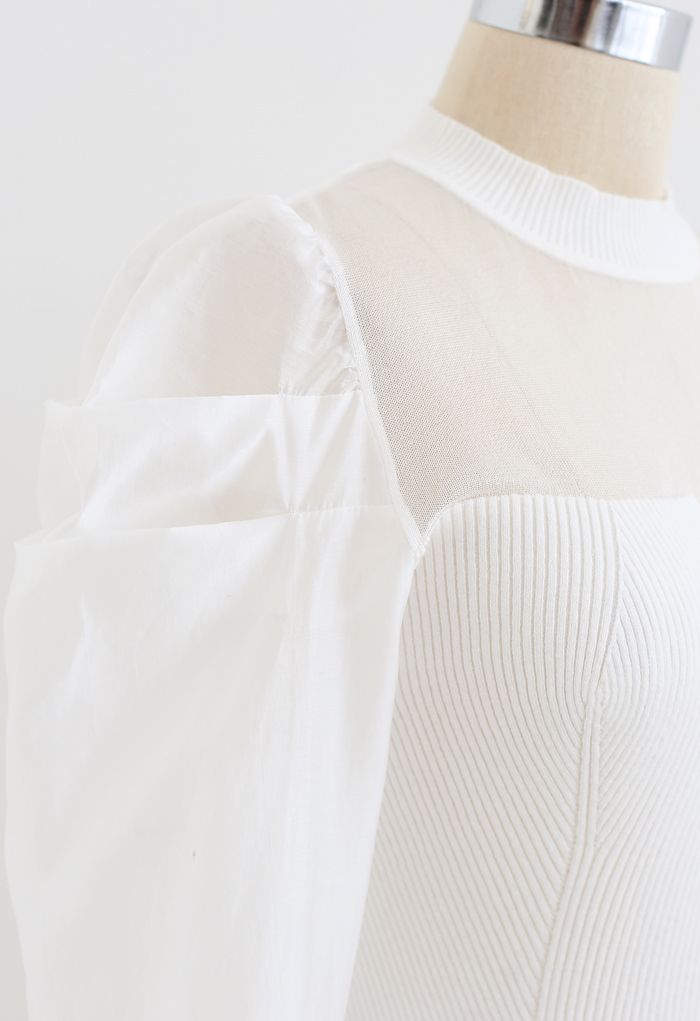 Organza Spliced Puff Sleeves Knit Top in White