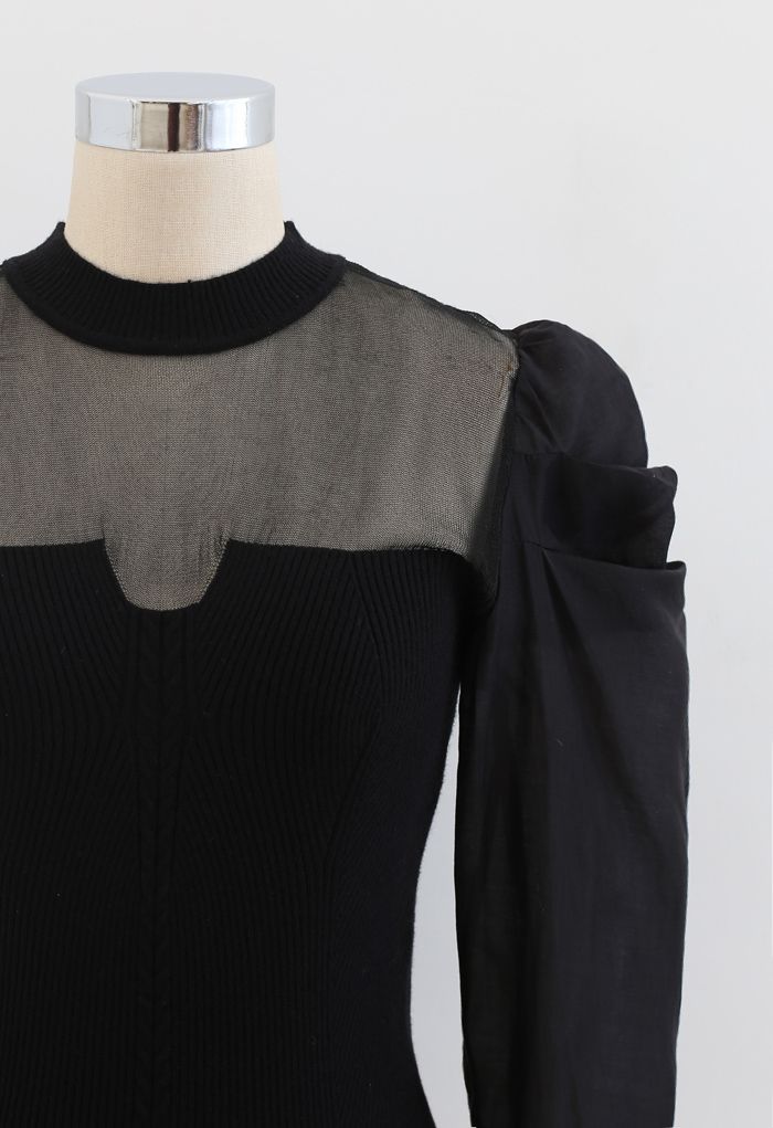 Organza Spliced Puff Sleeves Knit Top in Black