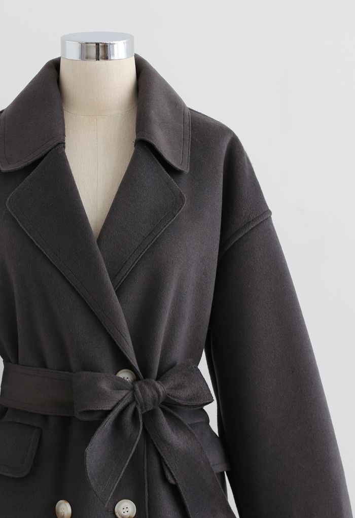 Belted Double-Breasted Wool-Blend Coat in Smoke