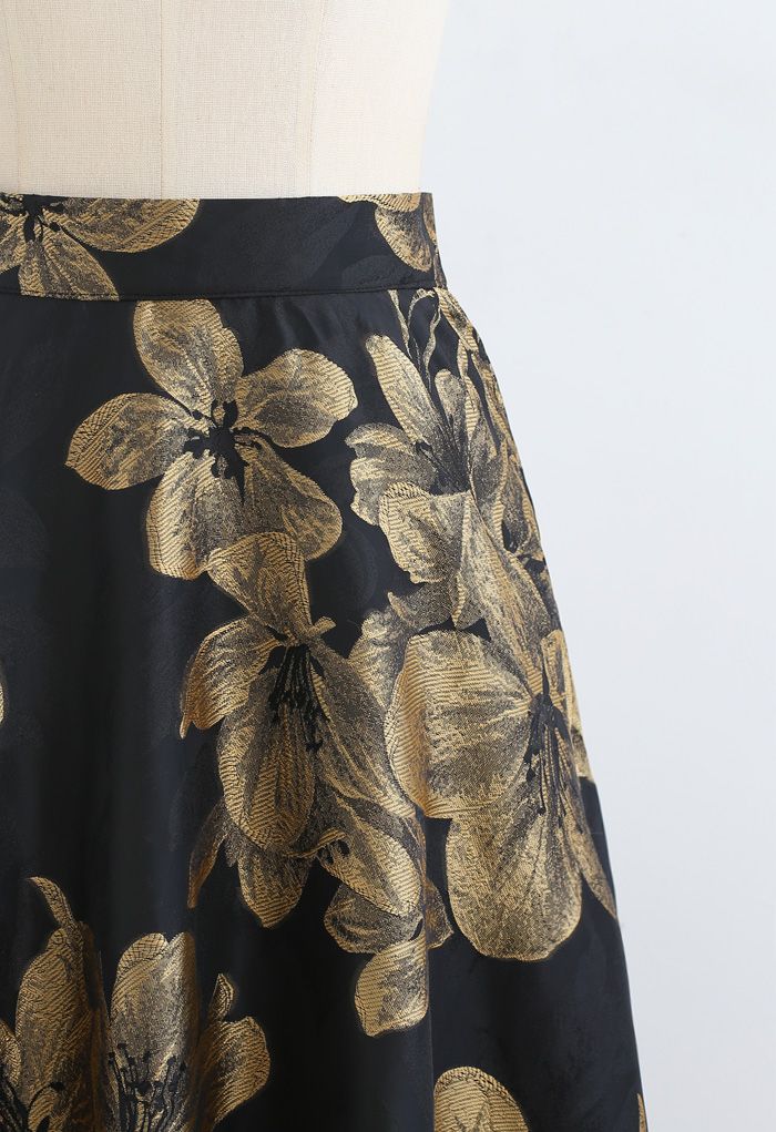 Golden Dahlia Blossom Jacquard Maxi Skirt