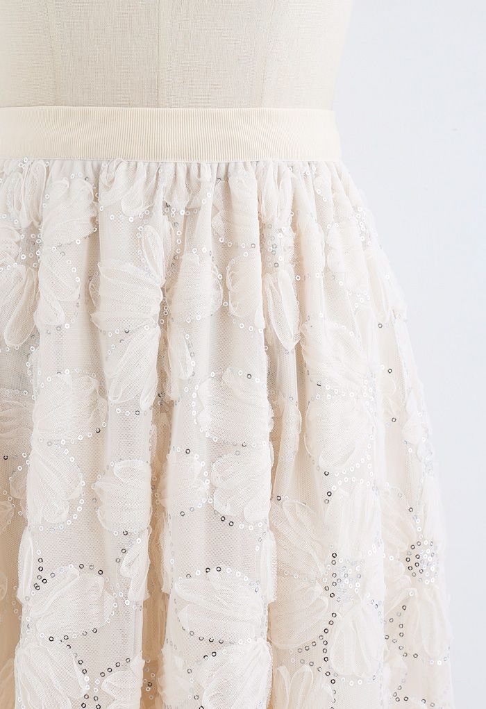Floral Sequin Double-Layered Mesh Skirt in Cream
