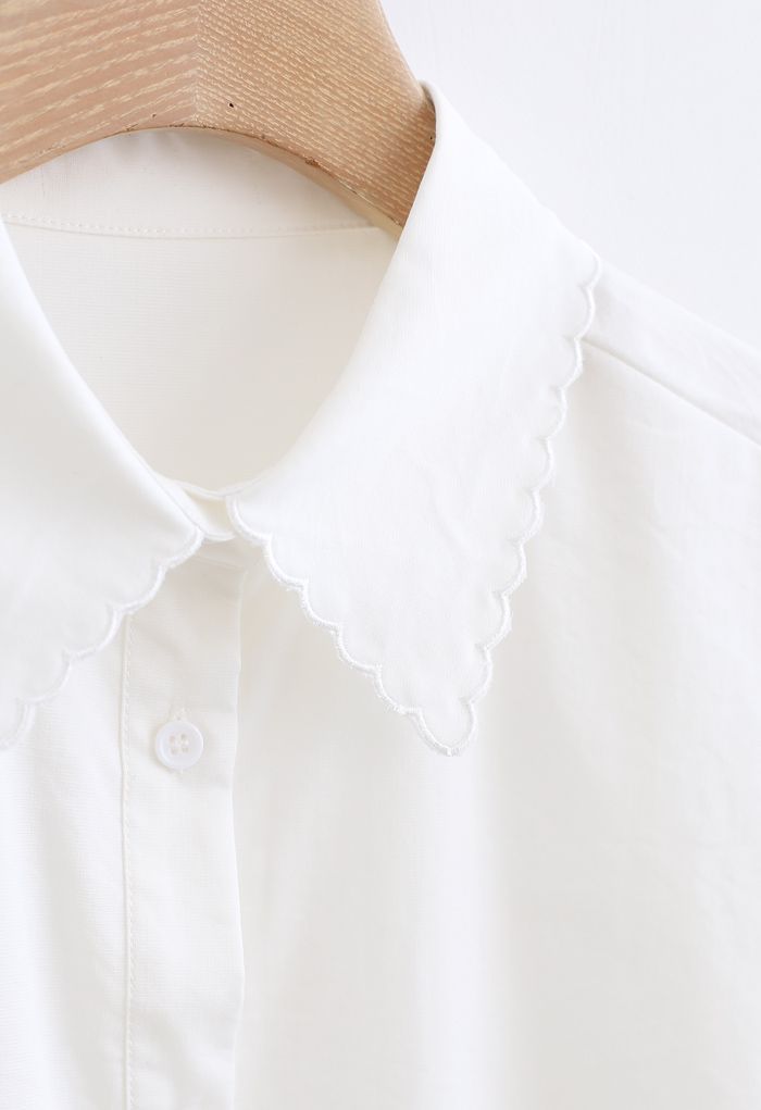 Embroidered Collar Buttoned Hi-Lo Shirt in White