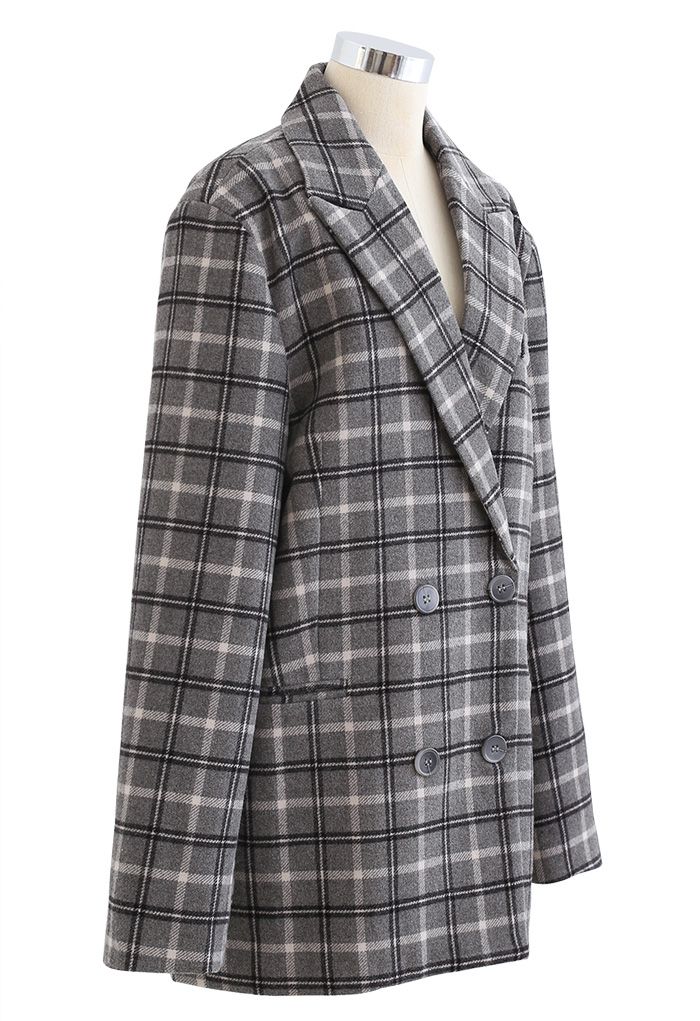 Wool-Blend Plaid Double-Breasted Coat in Smoke
