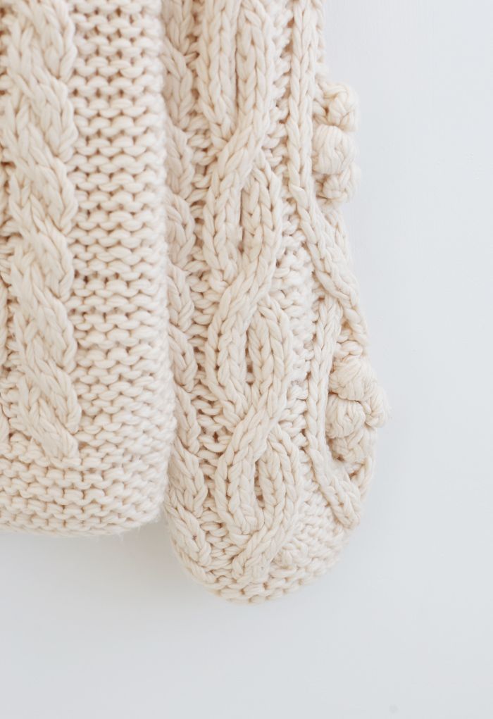 Braid Pom-Pom Hand-Knit Sweater