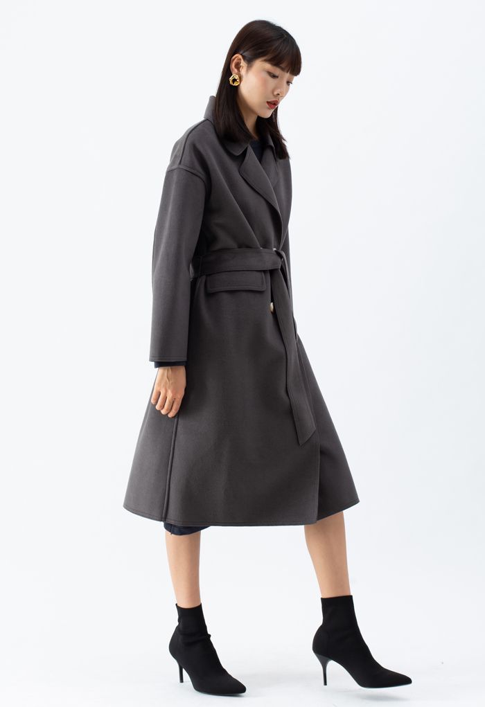 Belted Double-Breasted Wool-Blend Coat in Smoke