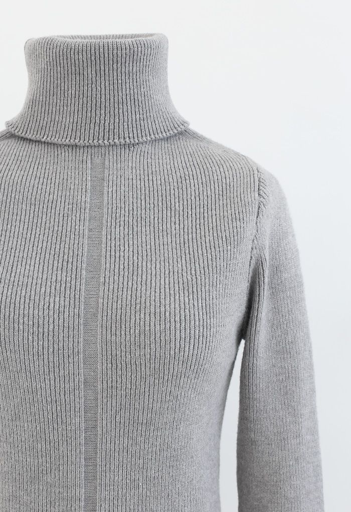 Grey Turtleneck Ribbed Knit Sweater