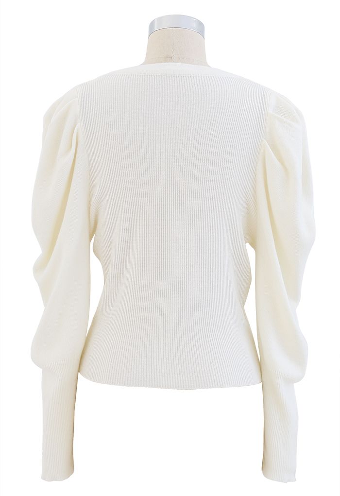 Button Ribbed Puff Sleeve Knit Top in Cream