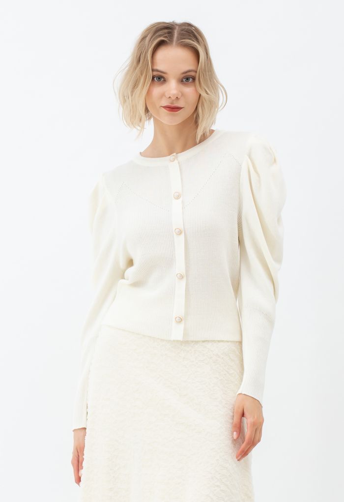 Button Ribbed Puff Sleeve Knit Top in Cream