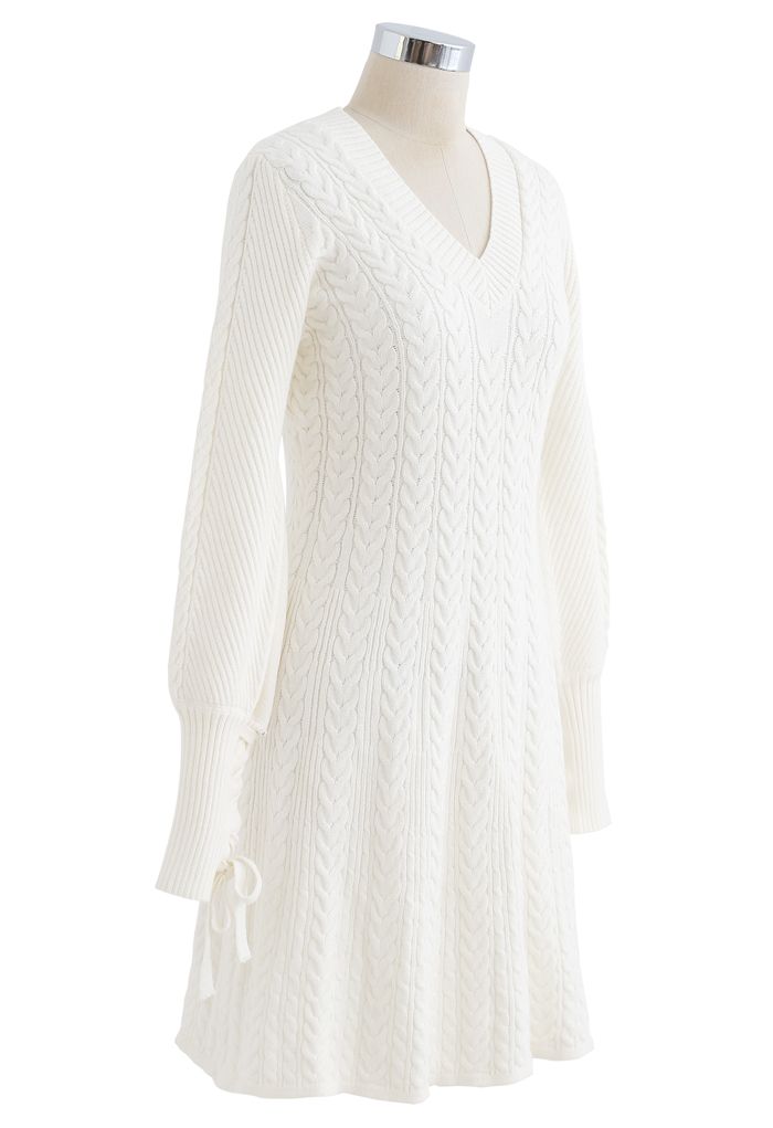 Lace Up Sleeves V-Neck Braid Knit Dress in Ivory