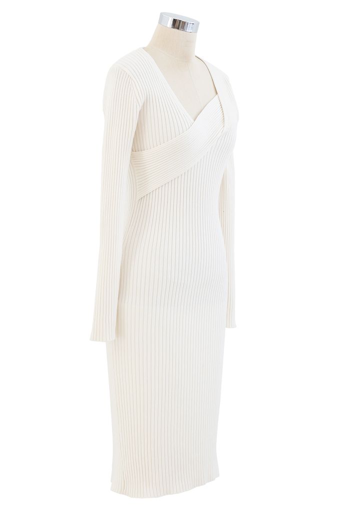 Surplice Wrap Front Ribbed Knit Dress in White