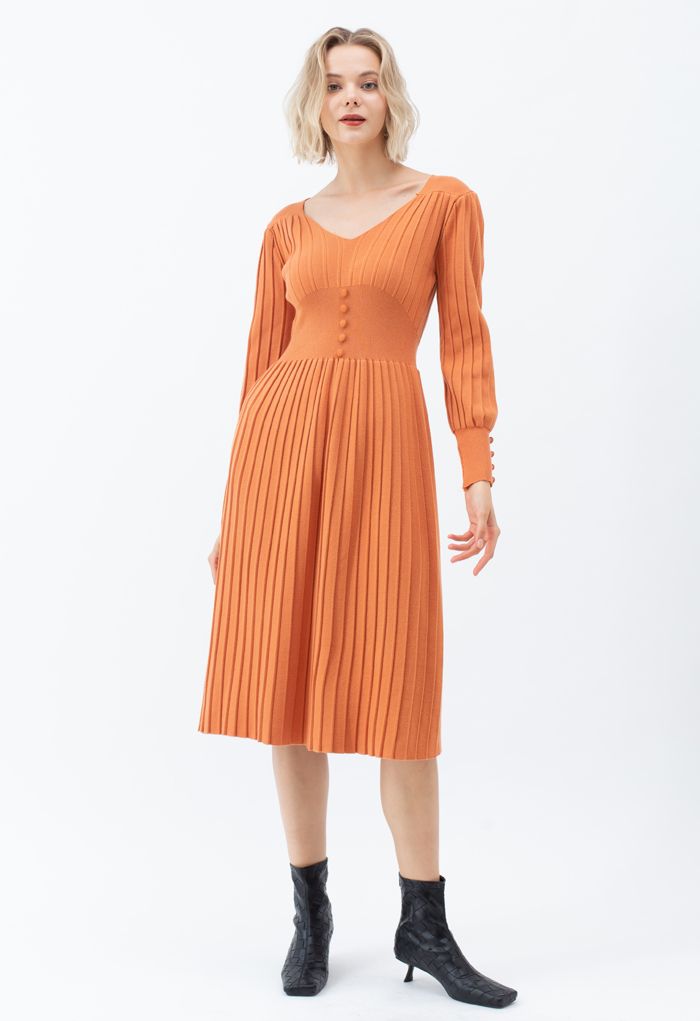 Button Decorated Pleated Knit Dress in Orange