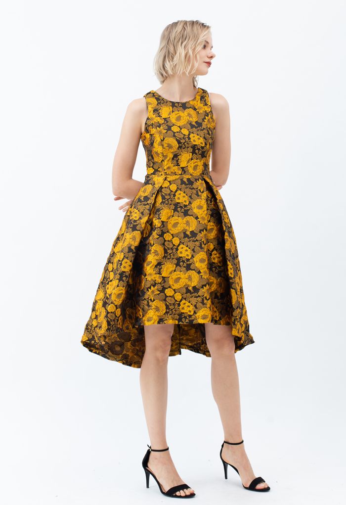 Noble Floral Embossed Jacquard Waterfall Dress