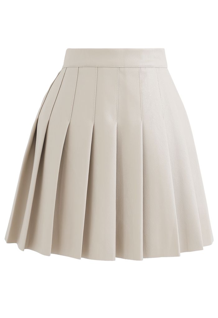Pleated Faux Leather Mini Skirt in Cream