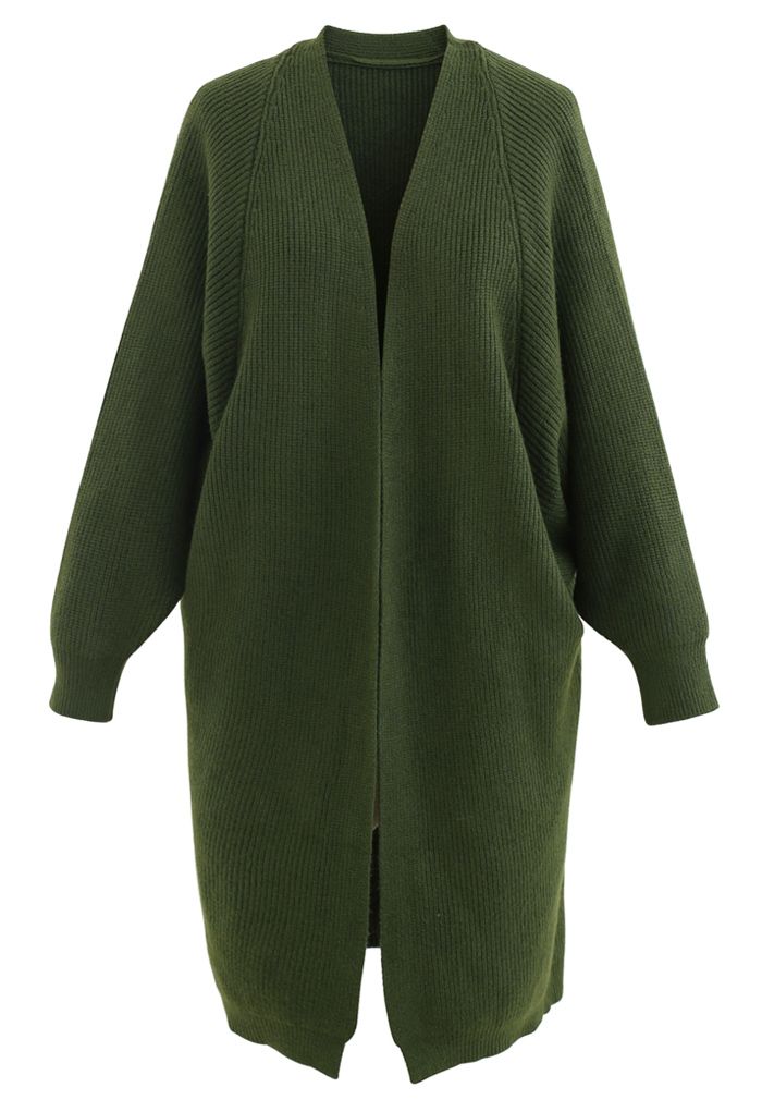 Batwing Ribbed Knit Longline Cardigan in Green