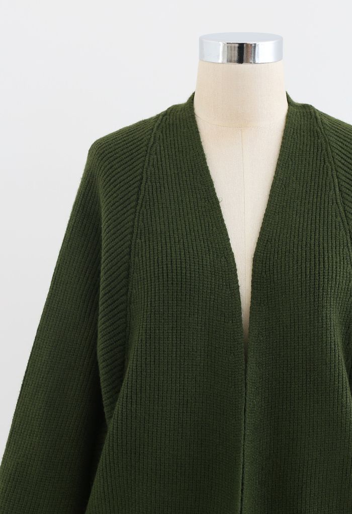 Batwing Ribbed Knit Longline Cardigan in Green