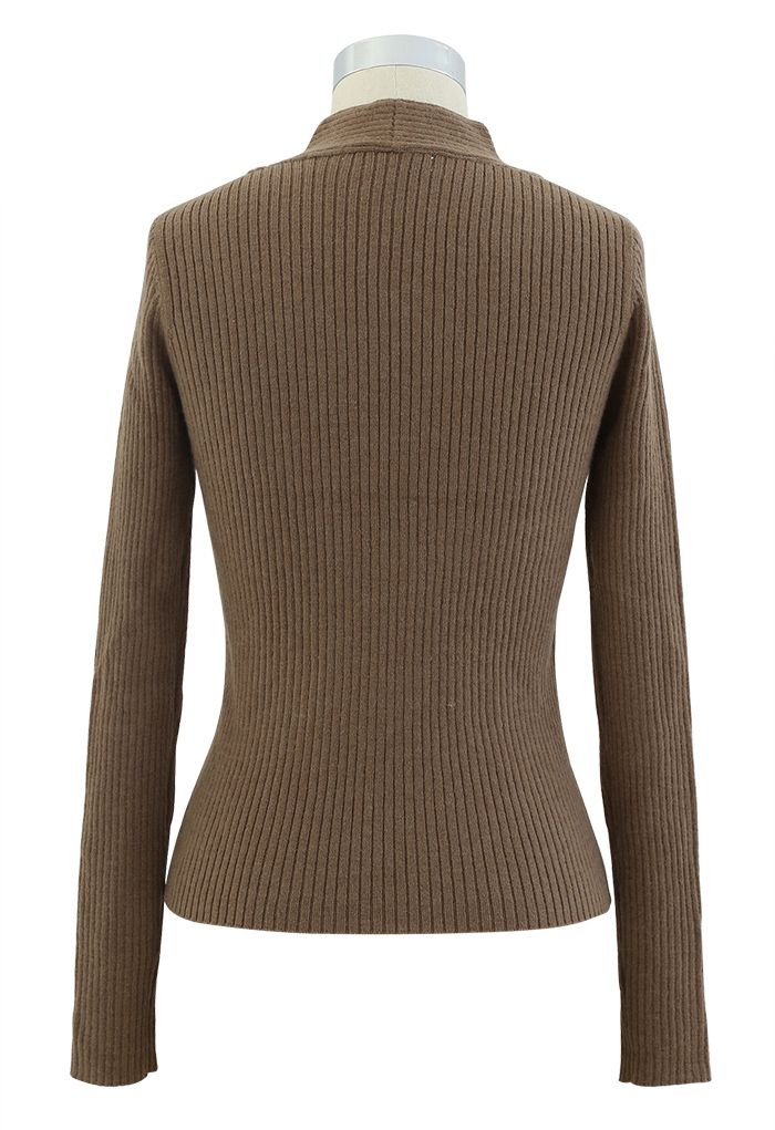 Cross Front Ribbed Knit Top in Brown