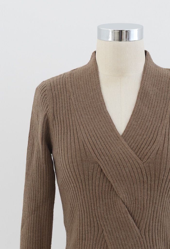 Cross Front Ribbed Knit Top in Brown