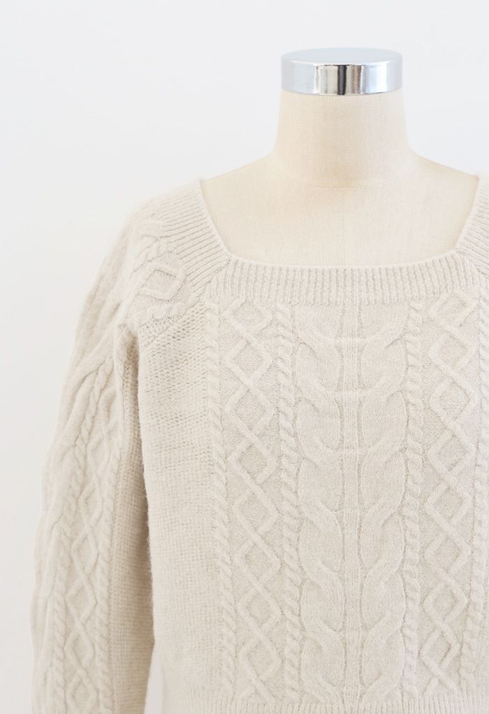 Cropped Square Neck Braid Knit Sweater in Ivory
