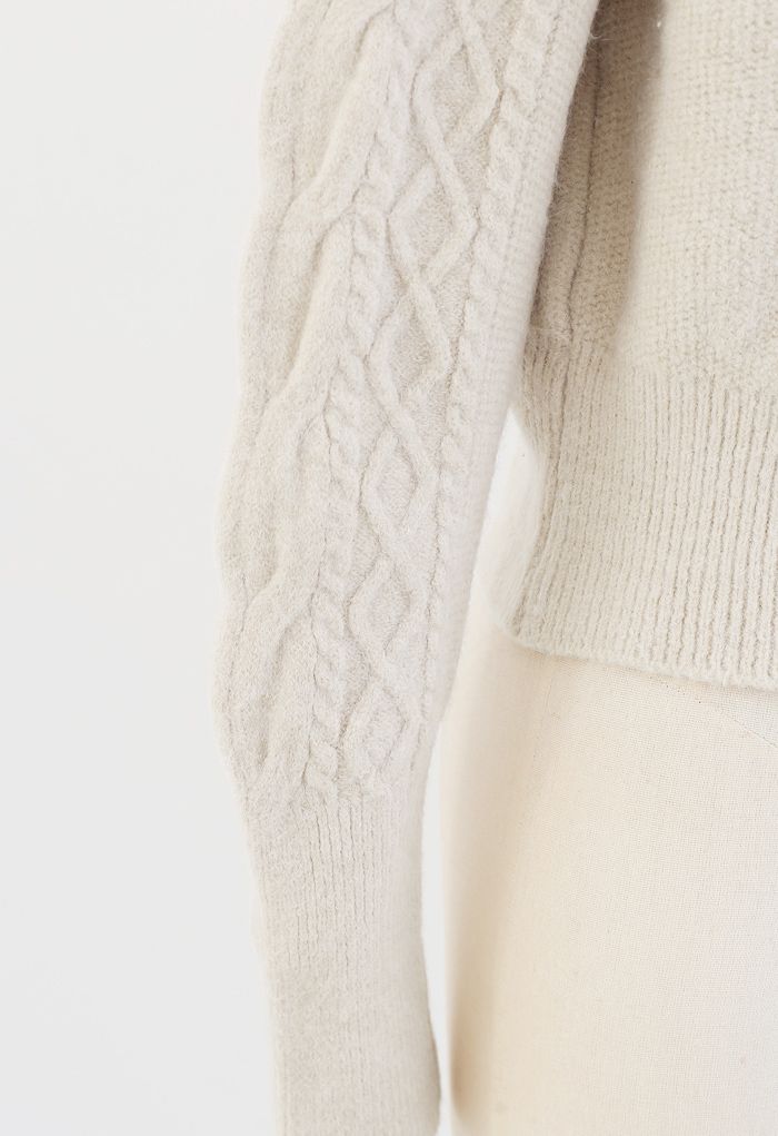 Cropped Square Neck Braid Knit Sweater in Ivory