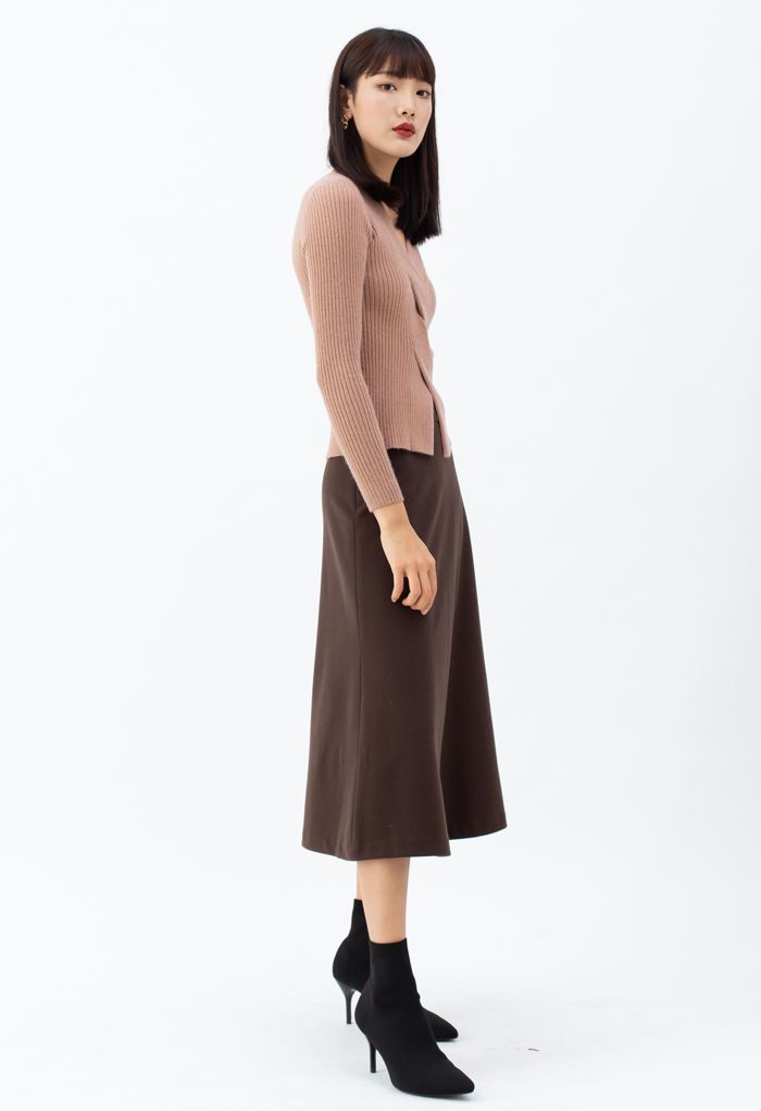High Waist Basic Seamed Midi Skirt in Brown