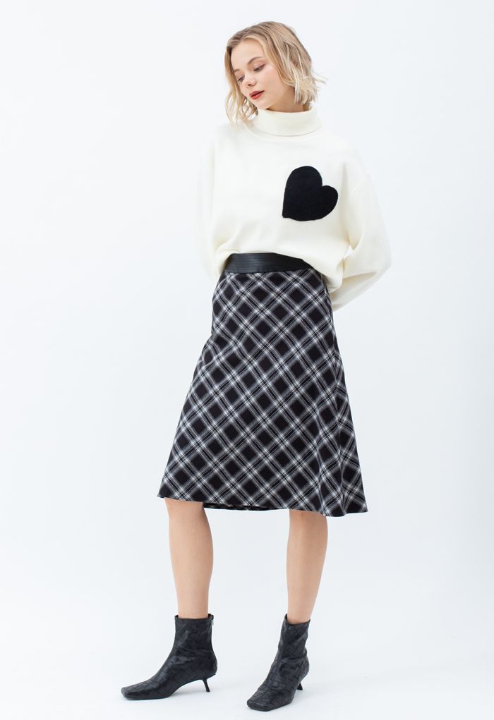 Faux Leather Waist Plaid Pencil Skirt in Black