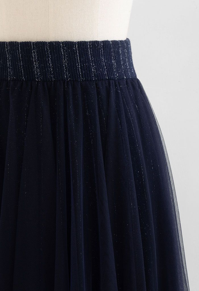 Reversible Shimmer Line Mesh Tulle Skirt in Navy