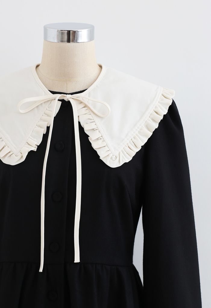 Detachable Collar Button Down Coat Dress in Black