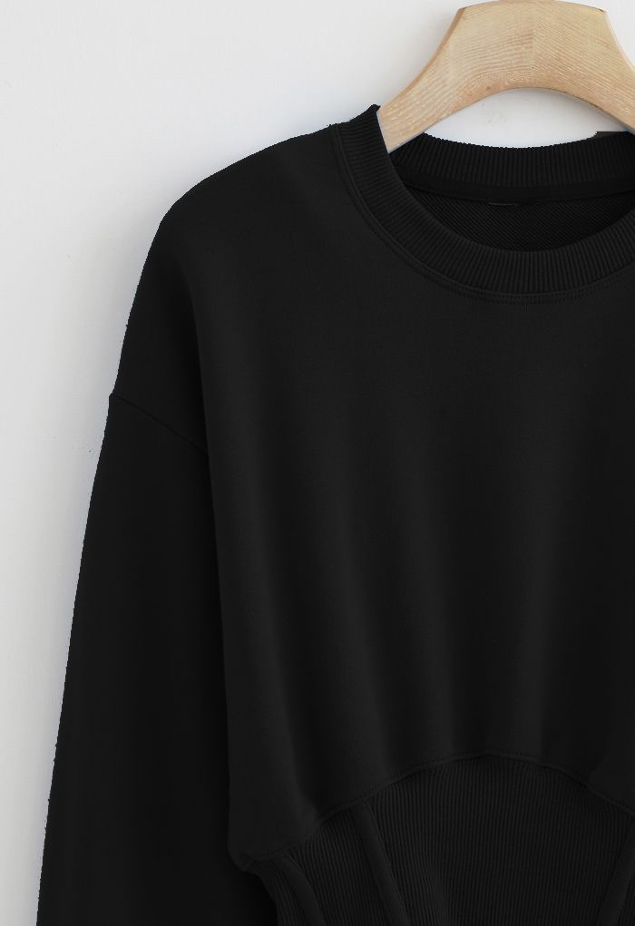 Cropped Padded Shoulder Sweatshirt in Black