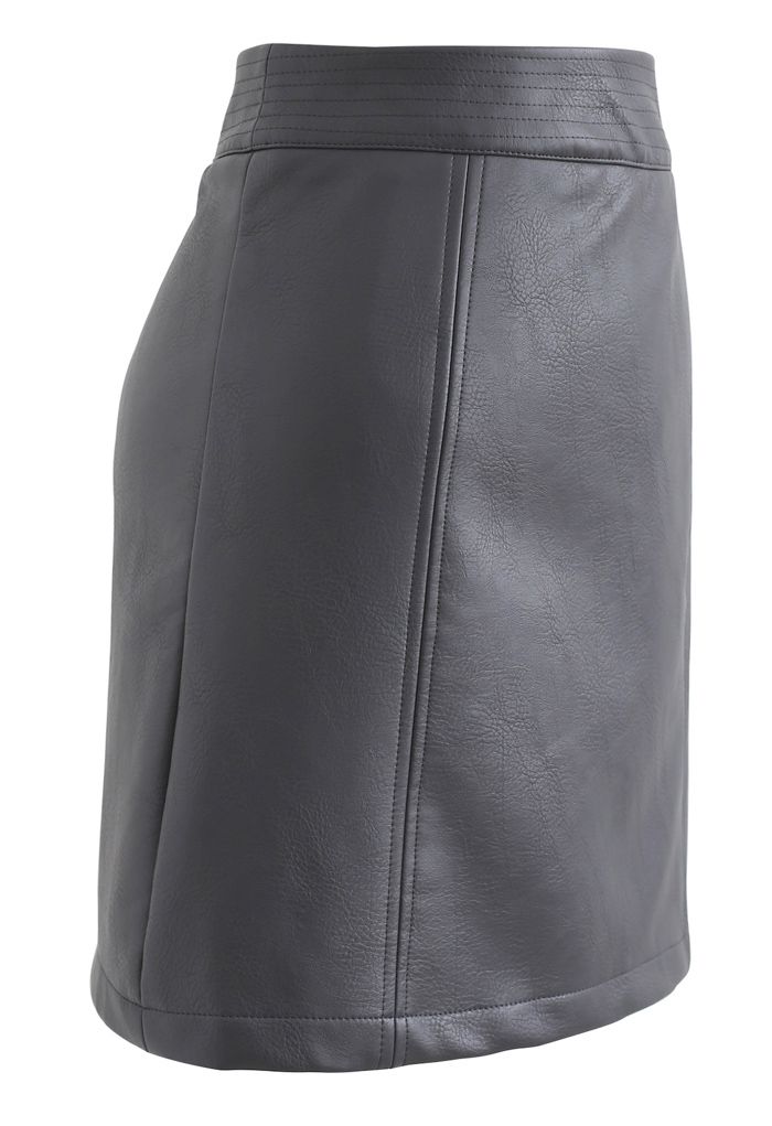 Seamed Waist Faux Leather Bud Mini Skirt in Grey