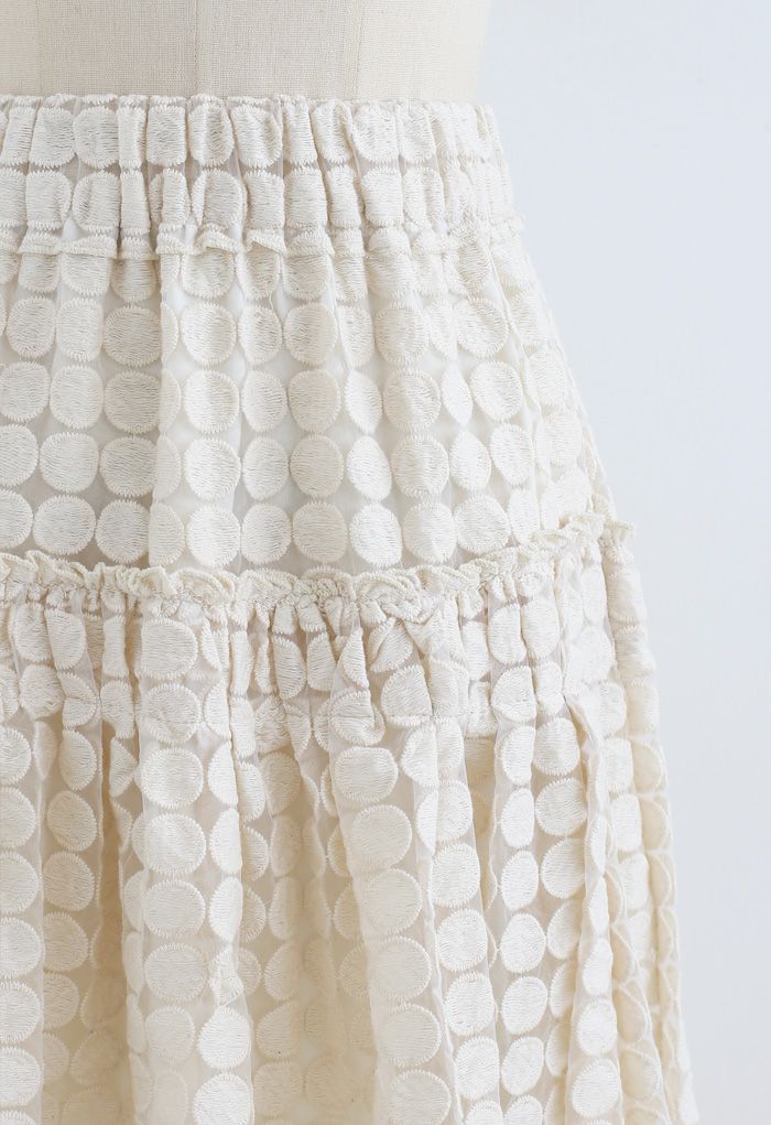 Full Circle Embroidered Organza Midi Skirt in Cream
