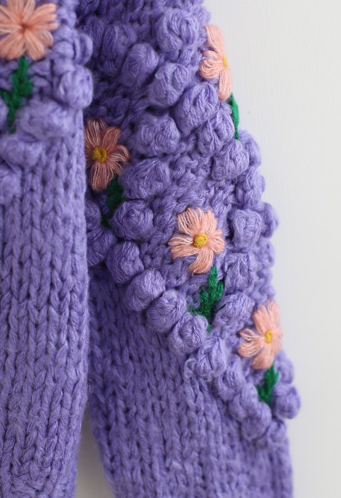 Stitch Floral Diamond Pom-Pom Hand Knit Sweater in Pink - Retro