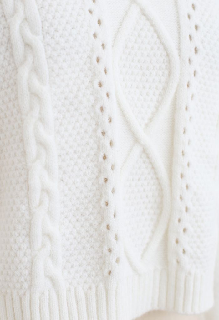 Panel Turtleneck Crop Cable Knit Sweater in White