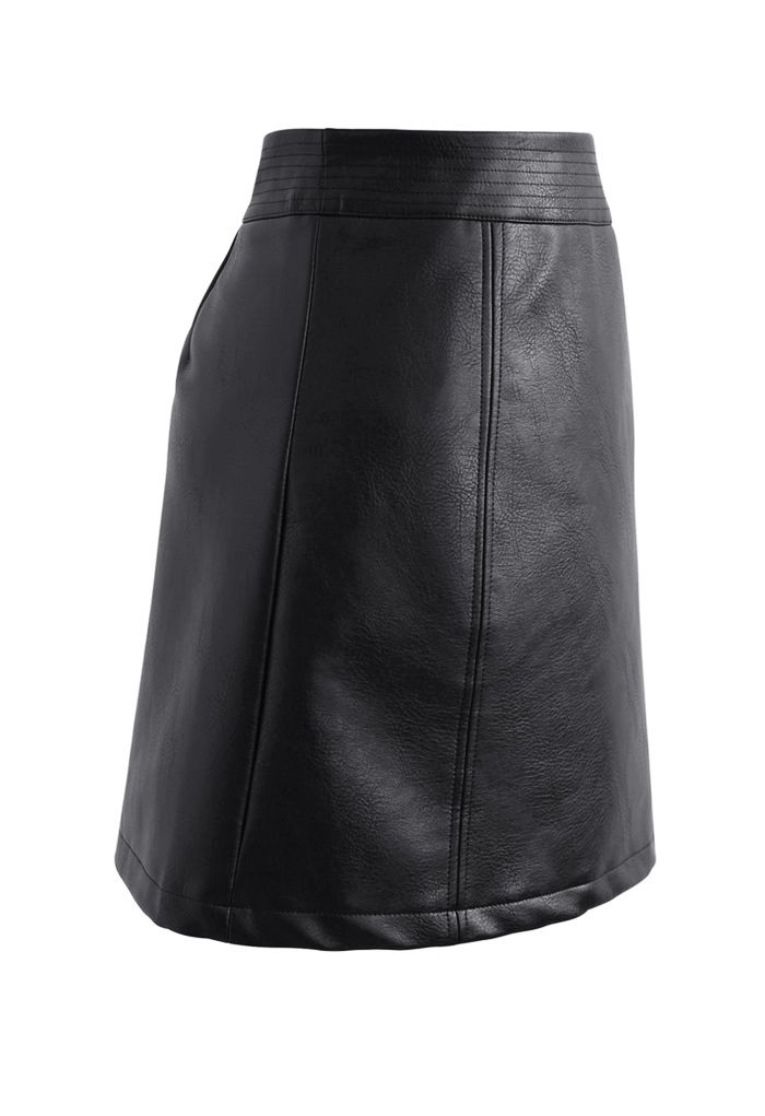 Seamed Waist Faux Leather Bud Mini Skirt in Black