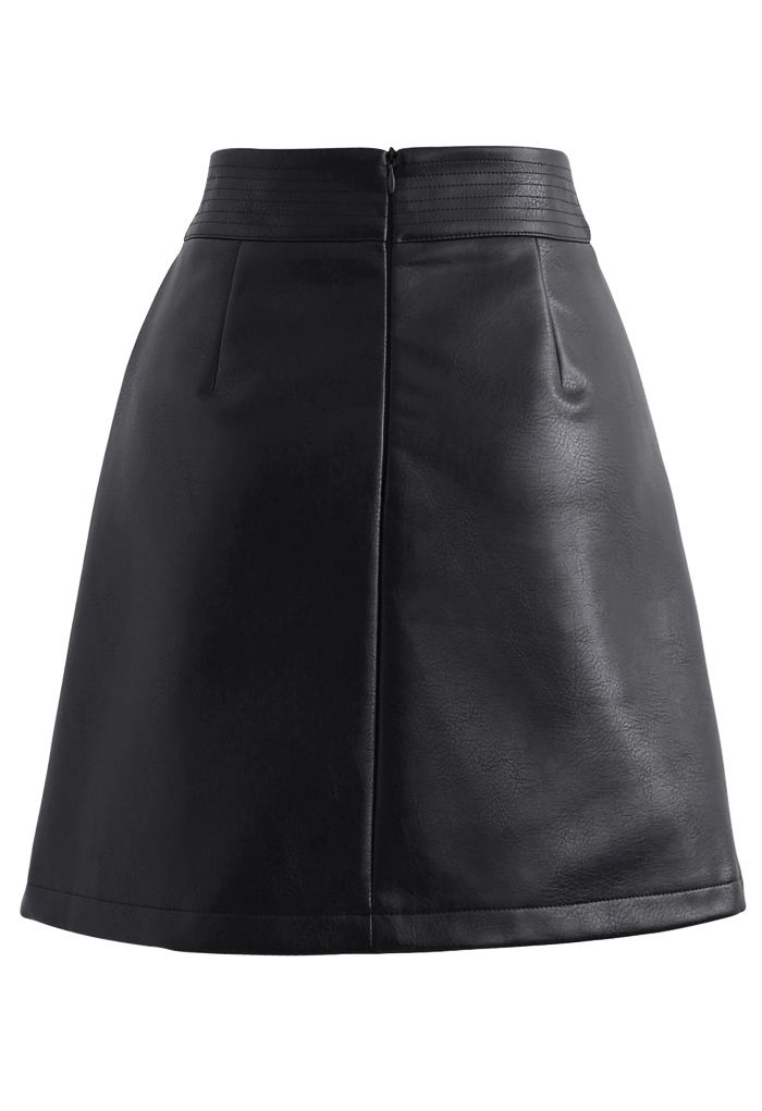 Seamed Waist Faux Leather Bud Mini Skirt in Black