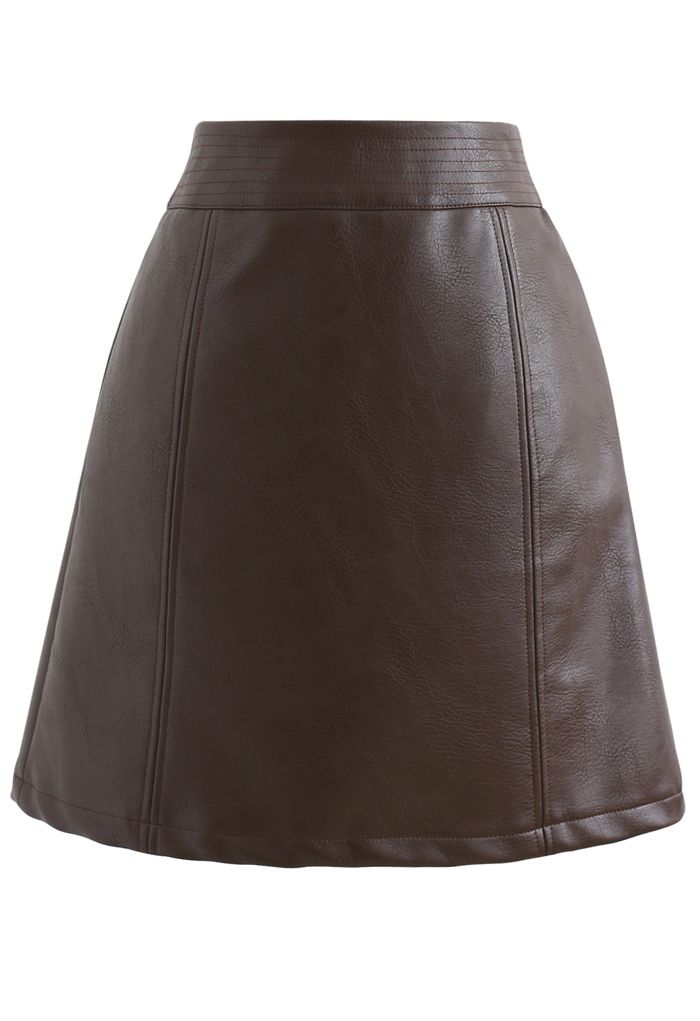 Seamed Waist Faux Leather Bud Mini Skirt in Brown