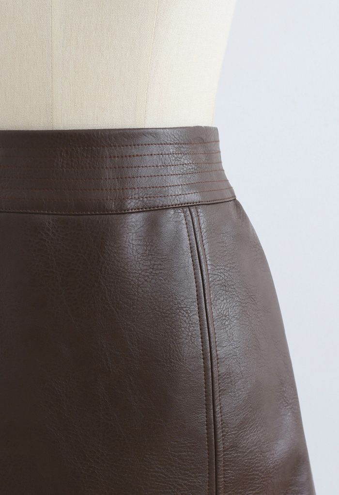 Seamed Waist Faux Leather Bud Mini Skirt in Brown