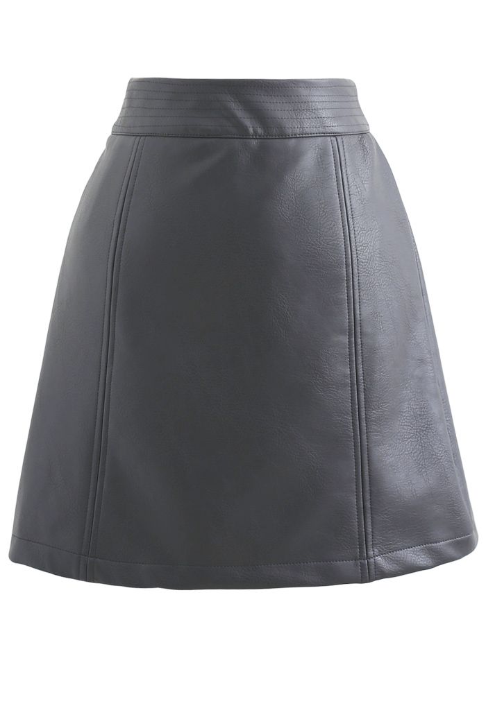 Seamed Waist Faux Leather Bud Mini Skirt in Grey