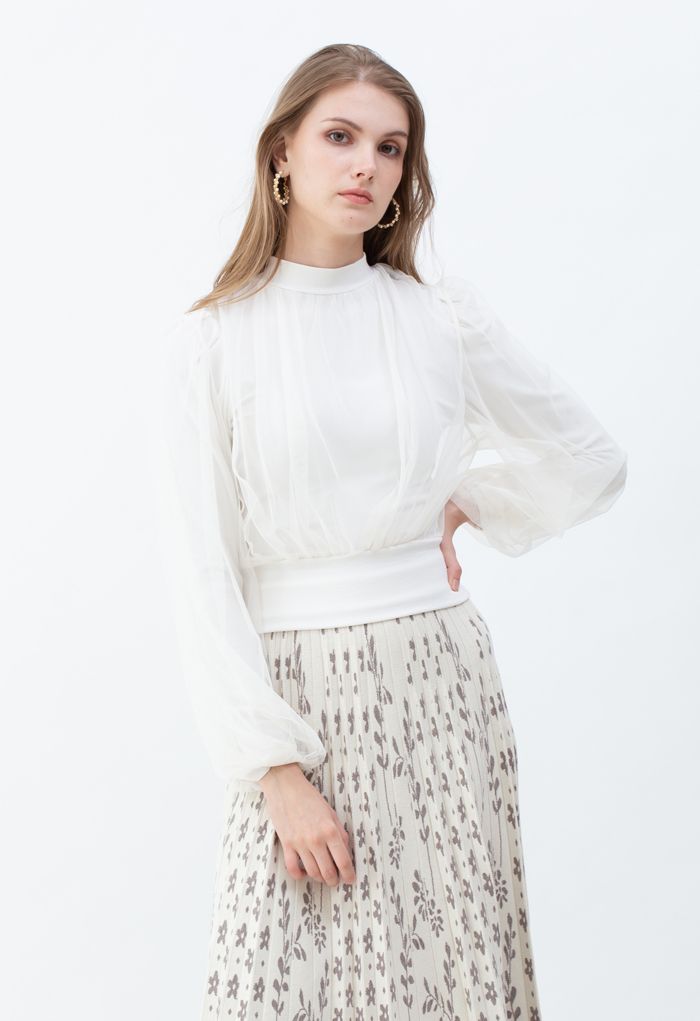Sheer Mesh Overlay Ribbed Knit Top in White