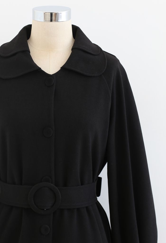 Collared Belted Button Down Coat Dress in Black
