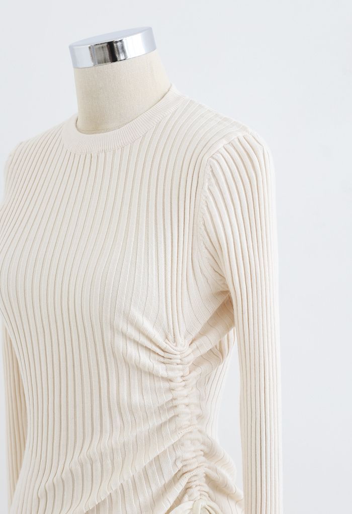 Side Drawstring Ribbed Knit Midi Dress in Ivory
