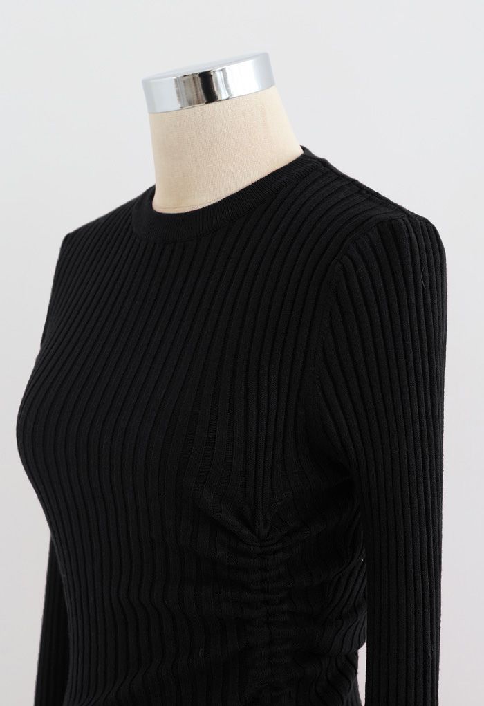 Side Drawstring Ribbed Knit Midi Dress in Black