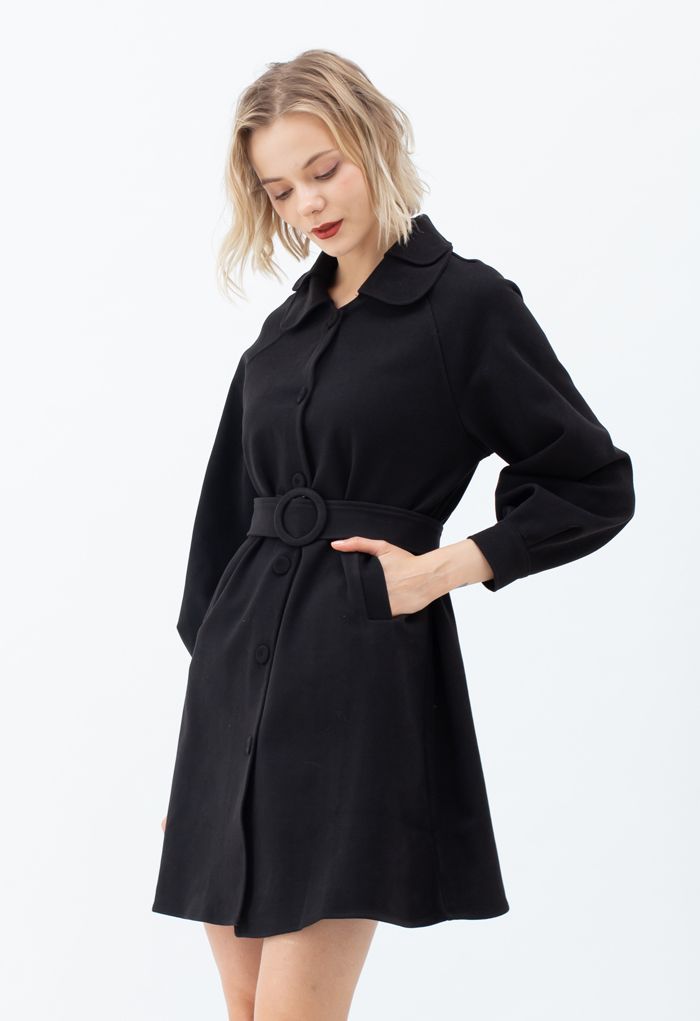 Collared Belted Button Down Coat Dress in Black